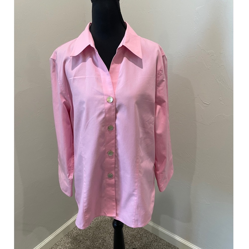 Foxcroft Pink Non-Iron Fitted Button Down Shirt 3/4 Sleeve Cotton Blouse Size 14